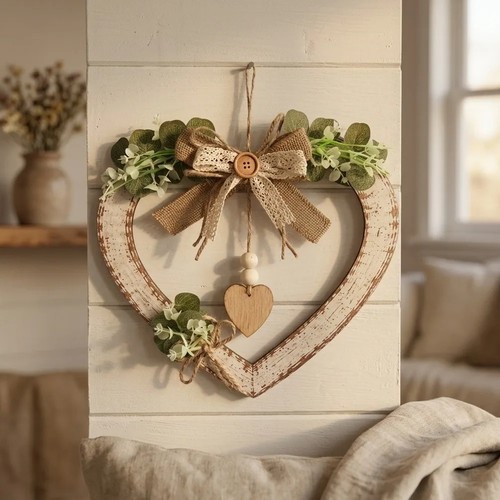 Vintage Style Heart Shaped Wall Hanging Sign White Wood Home Decor With Greenery Bow Accent For Bedroom Door