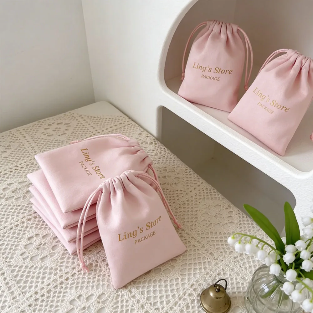 100Pcs Personalized Logo Baby Pink Jewelry Drawstring Flannel Gift Organizer Cosmetic Newborn Cloth Baby Shower Packaging Pouch