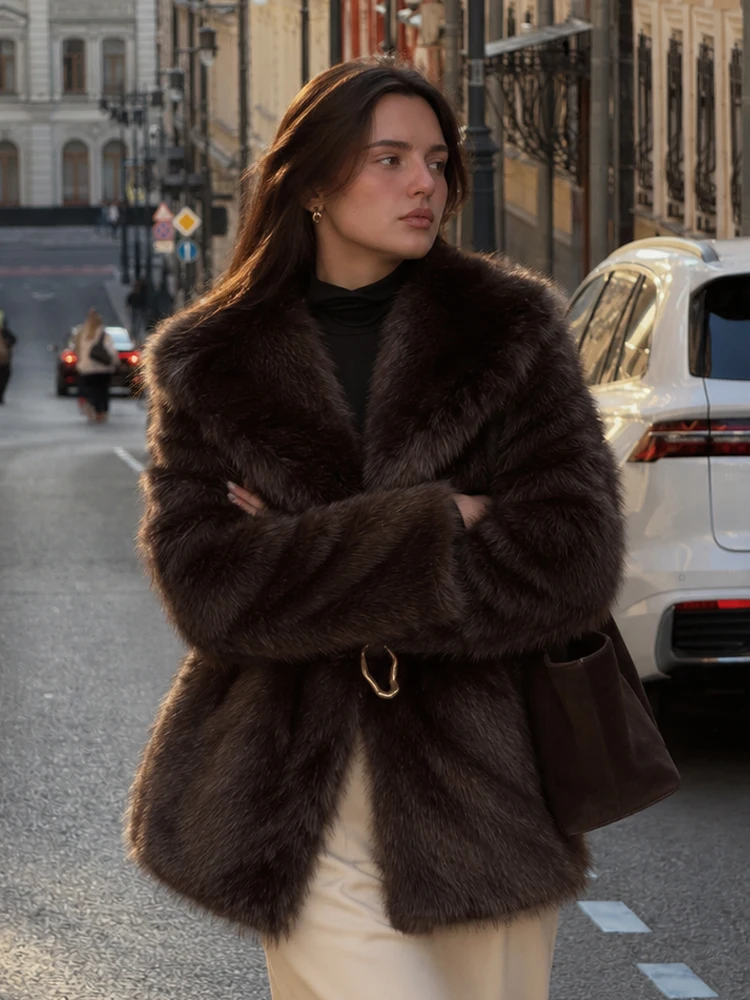 HH Women Fashion Retro Brown Faux Fur Coat Wide Lapel Thick Warm Mid Length Outerwear 2026 Autumn Winter 	Formal Dinner Outfit