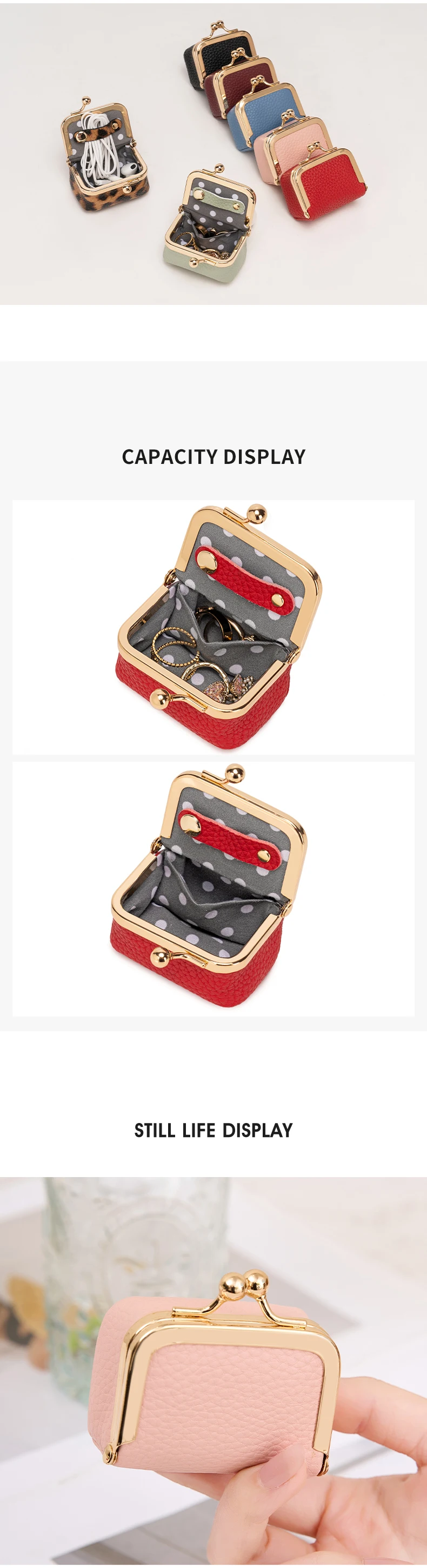 Neue Damen-Schmuckbox aus Kunstleder in Uni-Farbe, Aufbewahrungsbox für Ringe, Halsketten, Ohrringe, Mini-Münzbörse mit Kussverschluss – Detail 3
