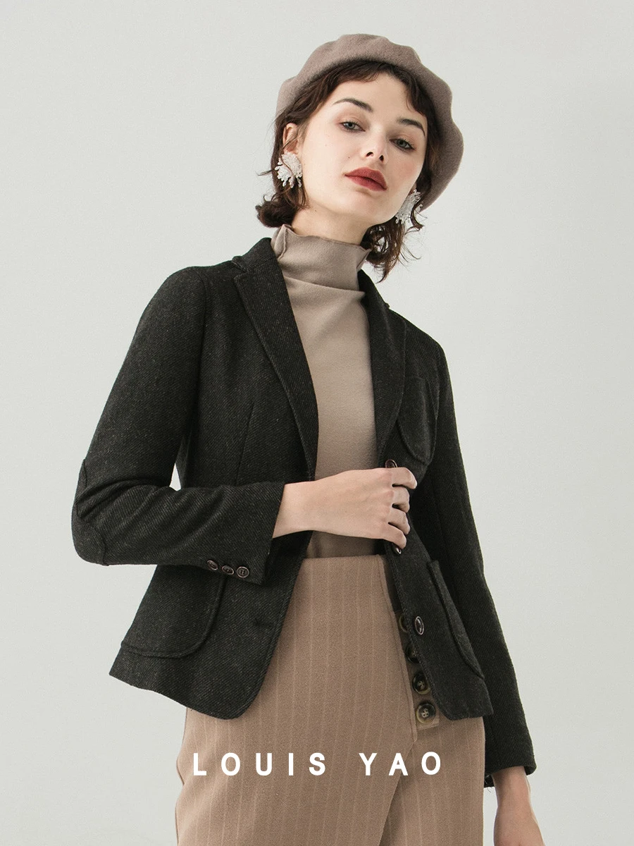 LOUIS YAO Womens Wool Blazer 2023 Autumn Winter Turn-down Collar Single Breasted Suit Office Lady Silm Fit Long Sleeve Jacket