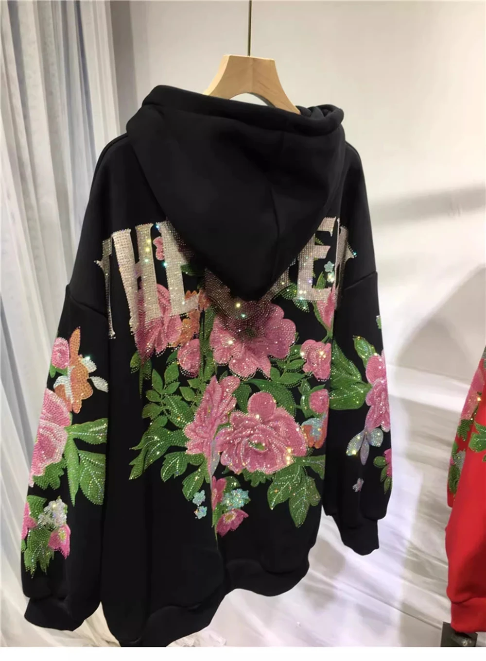 Thick Woolen Hoodie Women High-quality Rhinestone Animal Flower Print Top Loose Autumn Winter Warm