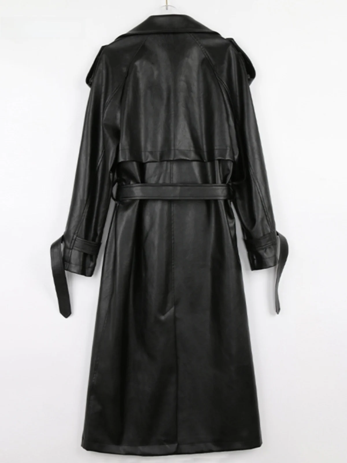 Nerazzurri Women's Black PU Leather Jacket Loose Casual Long Coat with Waist Belt Spring New Style Commute Windbreaker