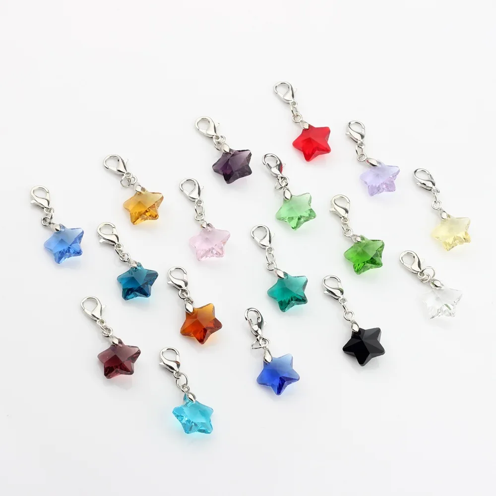 10pcs/lot Colorful Crystal Stars Lobster Clasp Charms 32*13MM For Glass Living Memory Locket DIY Accessories