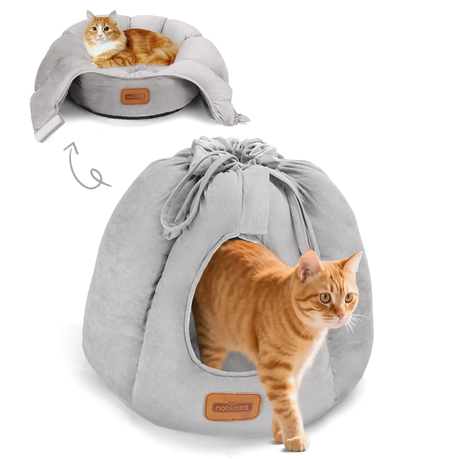 Nobleza Cama Tienda para Gatos 2 en 1, Convertible Cerrada o Abierta, Cueva Mediana Lavable, Casa para Mascotas Interior