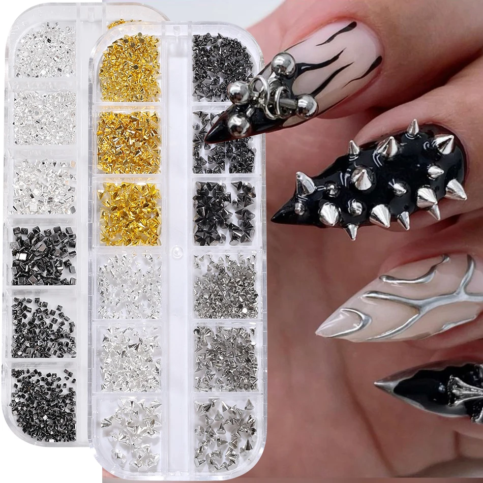 12 Grids Halloween Punk Rivets Nail Art Charms Gold/Silver/Black Cone Spike Studs Nails Decoration DIY Cool Manicure Accessories