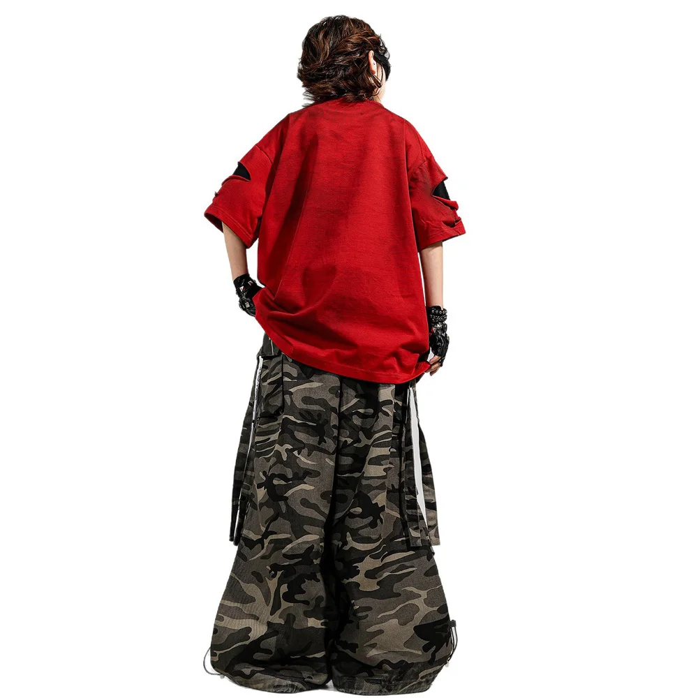 Kid KpopClothing Red Letters Ripped T Shirt Black Camouflage Pants for Girl Boy Hip Hop Dance Wear Costume Clothes