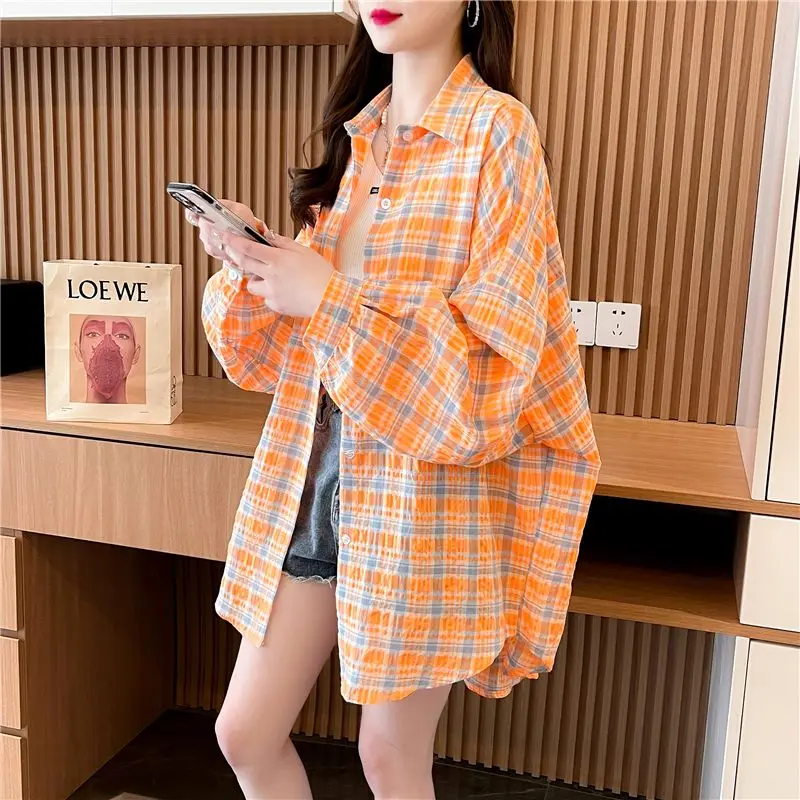 

Fashion Lapel Button Spliced All-match Plaid Shirt Female Clothing 2025 Spring Summer New Casual Tops Loose Commute Blouse