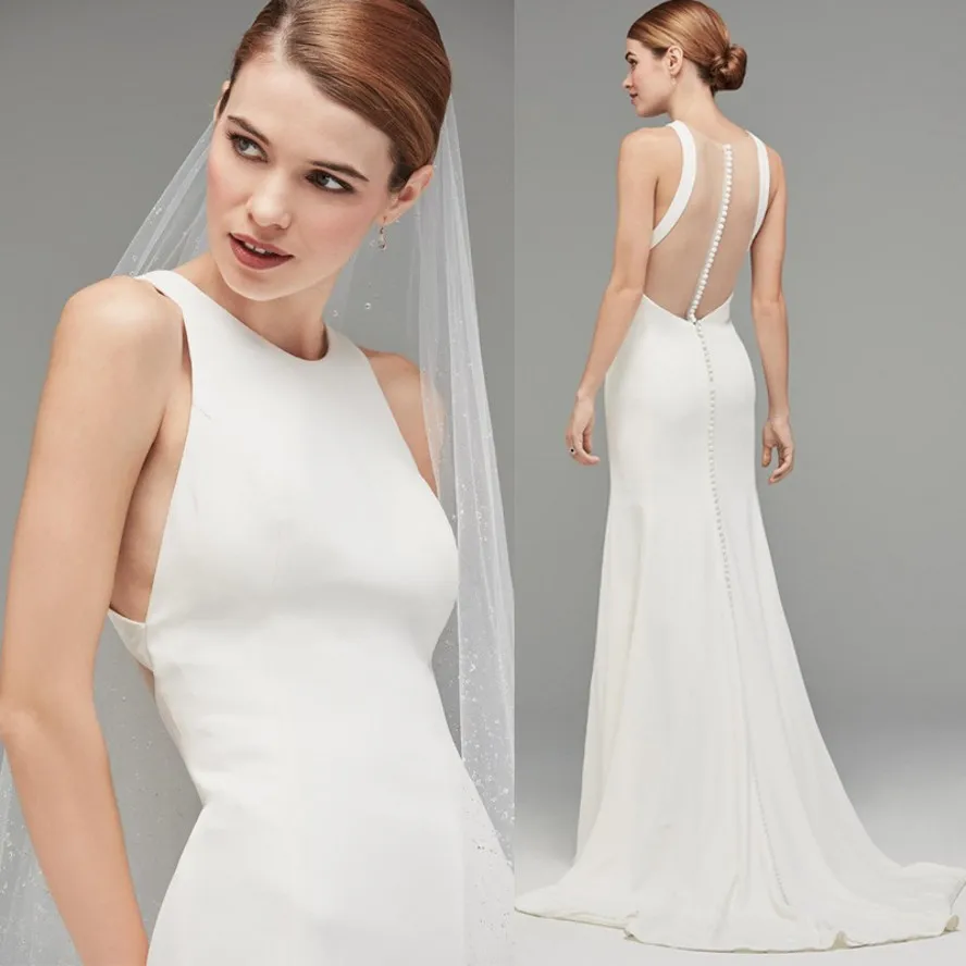 

Simple Mermaid Wedding Dresses O-neck Sleeveless Illusion Back Satin Plus Size Bridal Gowns Customed Vestidos De Noiva