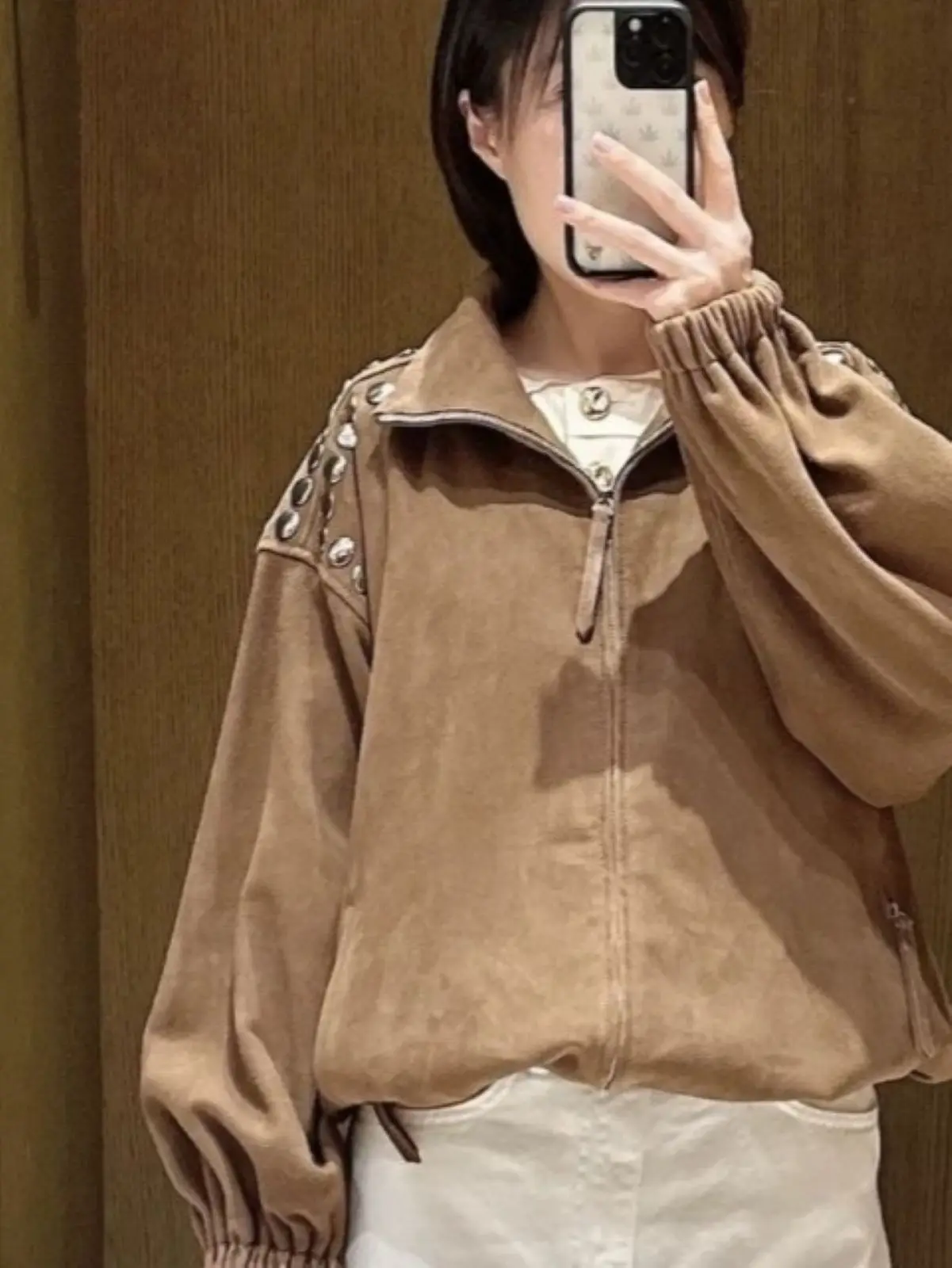 

Spring/Fall Women Hign Neck Rivet Long Sleeve Solid Jacket Zipper Pocket Loose Casual Fashion Coat ﻿