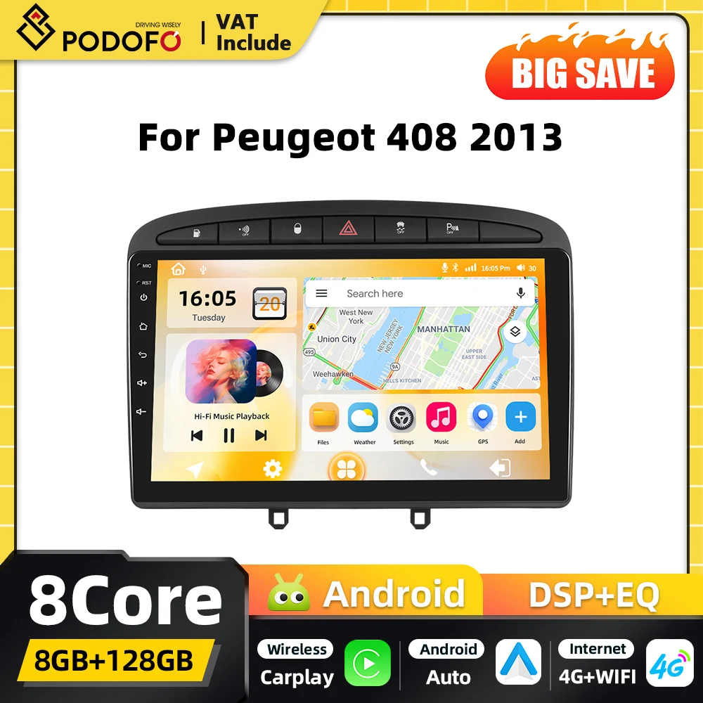 Podofo Qualcomm Carplay 2DIN Lettore multimediale per auto Android per Peugeot 308 408 2007 2008-2015 Navigazione GPS 4G WIFI FM RDS