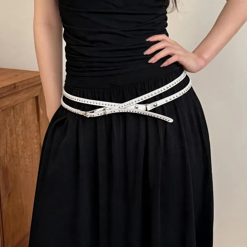 Y2k Punk Rivet Thin Belt PU Leather Waist Strap for Women Gothic Thin Metal Buckle Belts for Jeans Dresses Skirts Waistband