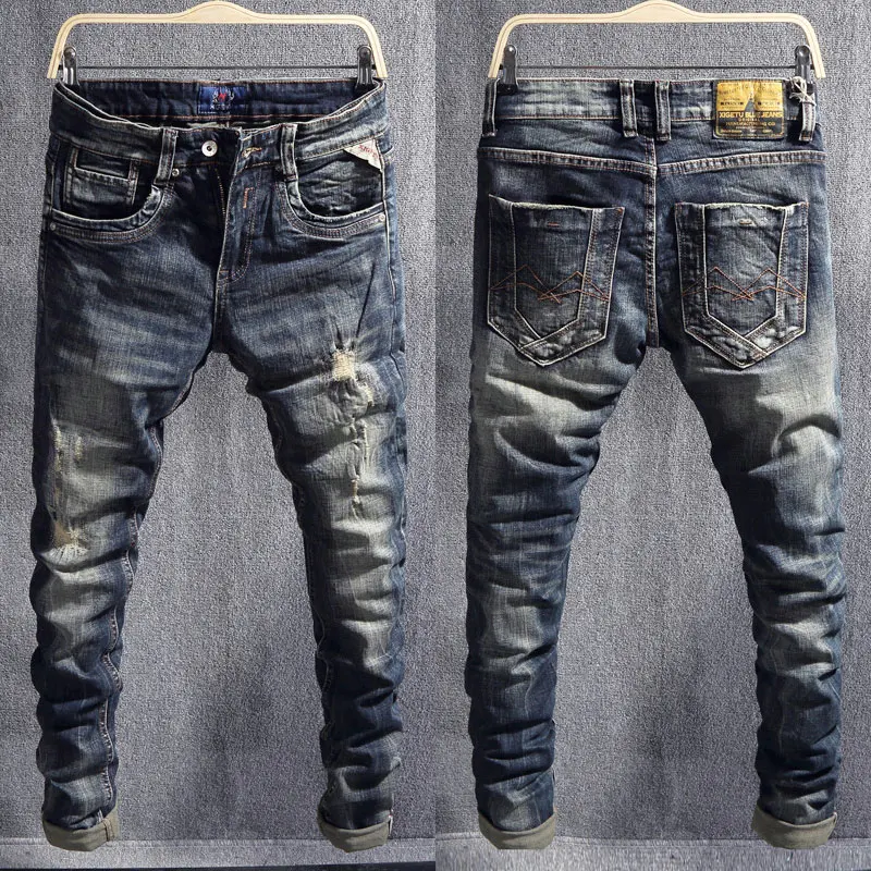 

Italian Vintage Fashion Men Jeans Retro Black Blue Stretch Slim Ripped Jeans Men Embroidery Patched Designer Casual Denim Pants