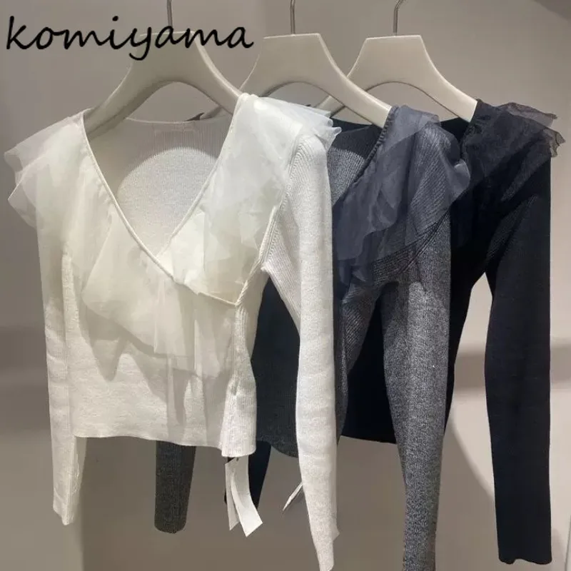 V-Neck Voile Ruffles Sweater Woman 2025 Outerwears Japan Style Knitted Pullovers Sweet Ropa Mujer Spring Autumn Clothes