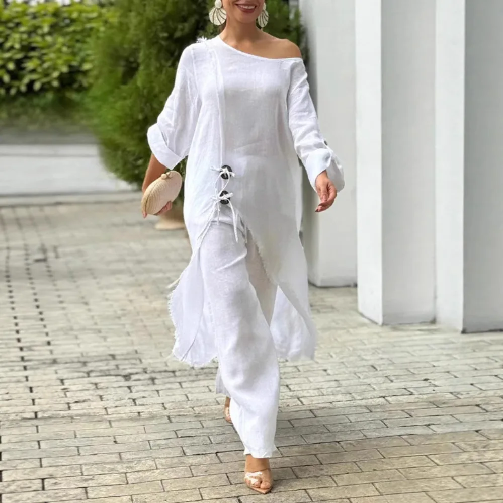 Women Set 2 Pieces Outfit One Shoulder Button Decor Slit Frayed Edges Top and Casual Elastic Waist Wide Leg Pants Set