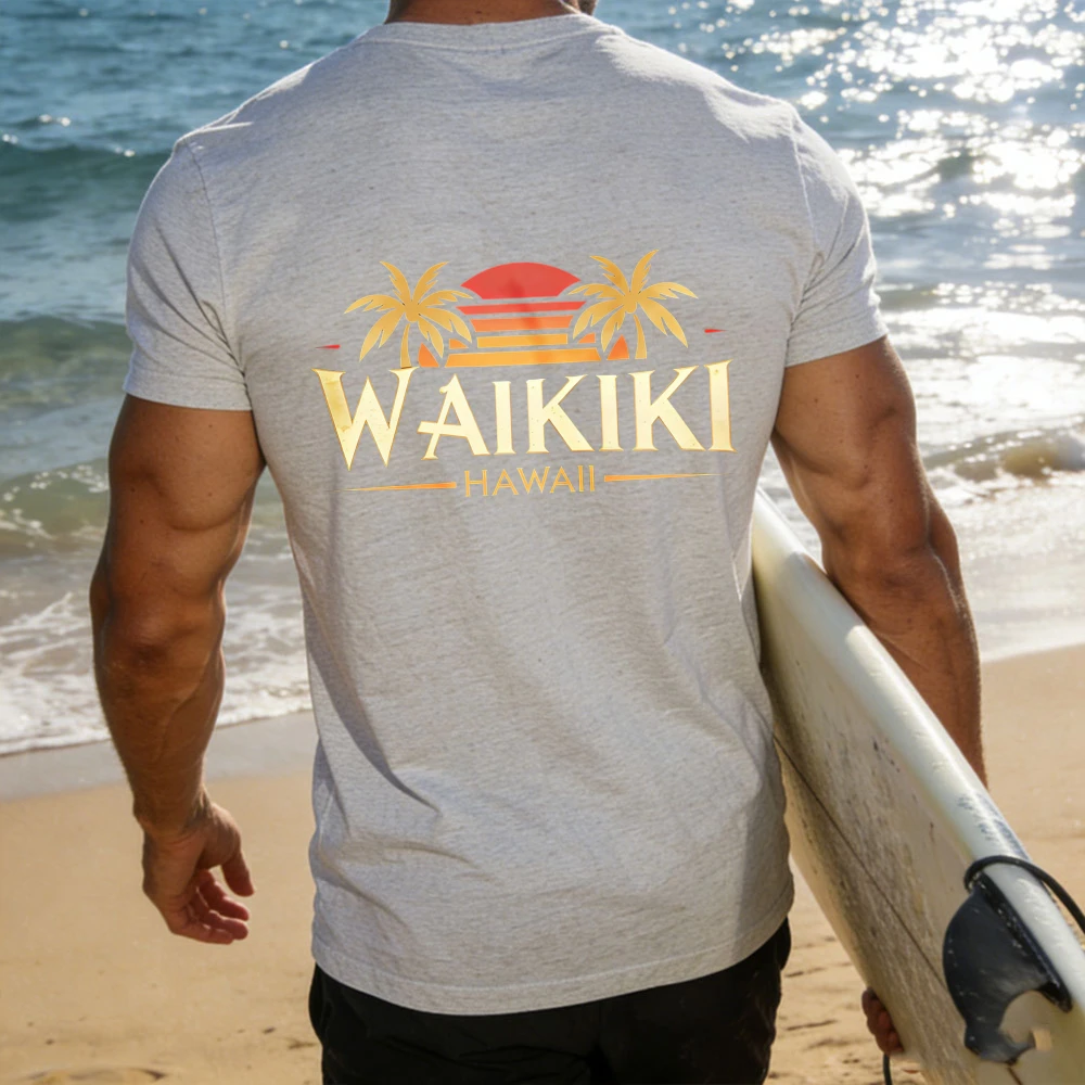 Baumwoll-T-Shirts im Retro-Stil mit Sonnenuntergang-Waikiki-Hawaii-Motiv für Herren und Damen, kurzärmelig, Rundhalsausschnitt, Palmen-Baum-Strand-Urlaubsgeschenk, Bekleidung, Oberteile