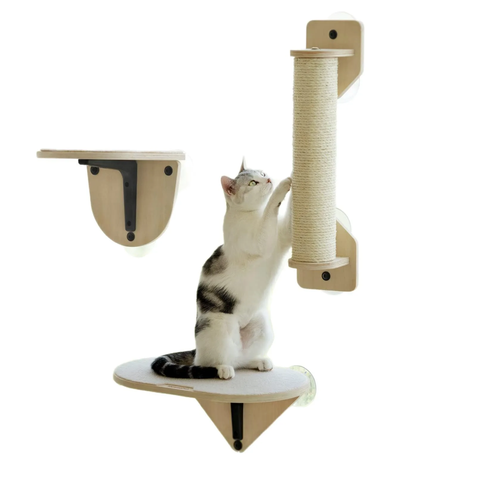 3 Piezas Hamaca de Ventana para Gatos en Madera con Ventosas Extra Fuertes - Plataforma Elevada Modular con Zona de Salto, Cama de Descanso y Rascador