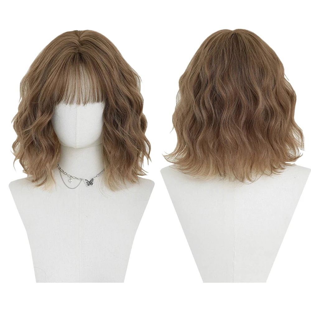 Short Wavy Synthetic Wig For Women Shoulder Length Layered Curly Hair With Air Bangs Heat Resistant Natural Daily Cosplay Party