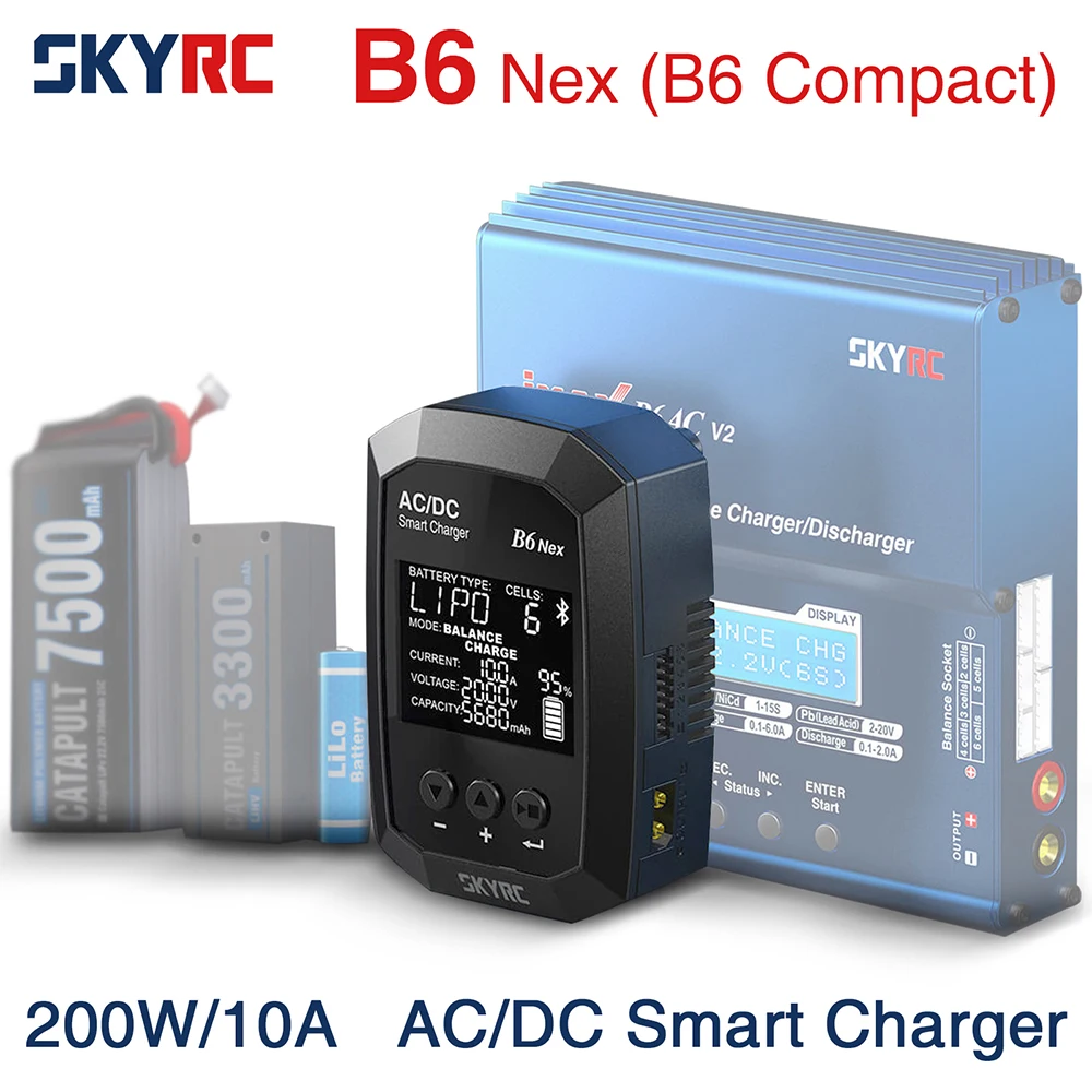 

SKYRC B6 Nex AC 50W DC 200W 10A Dual Power GaN 5.0 Bluetoot APP Battery Charger for LiPo 1-6s Li-Ion LiHV LiFe NiMH Pb Battery