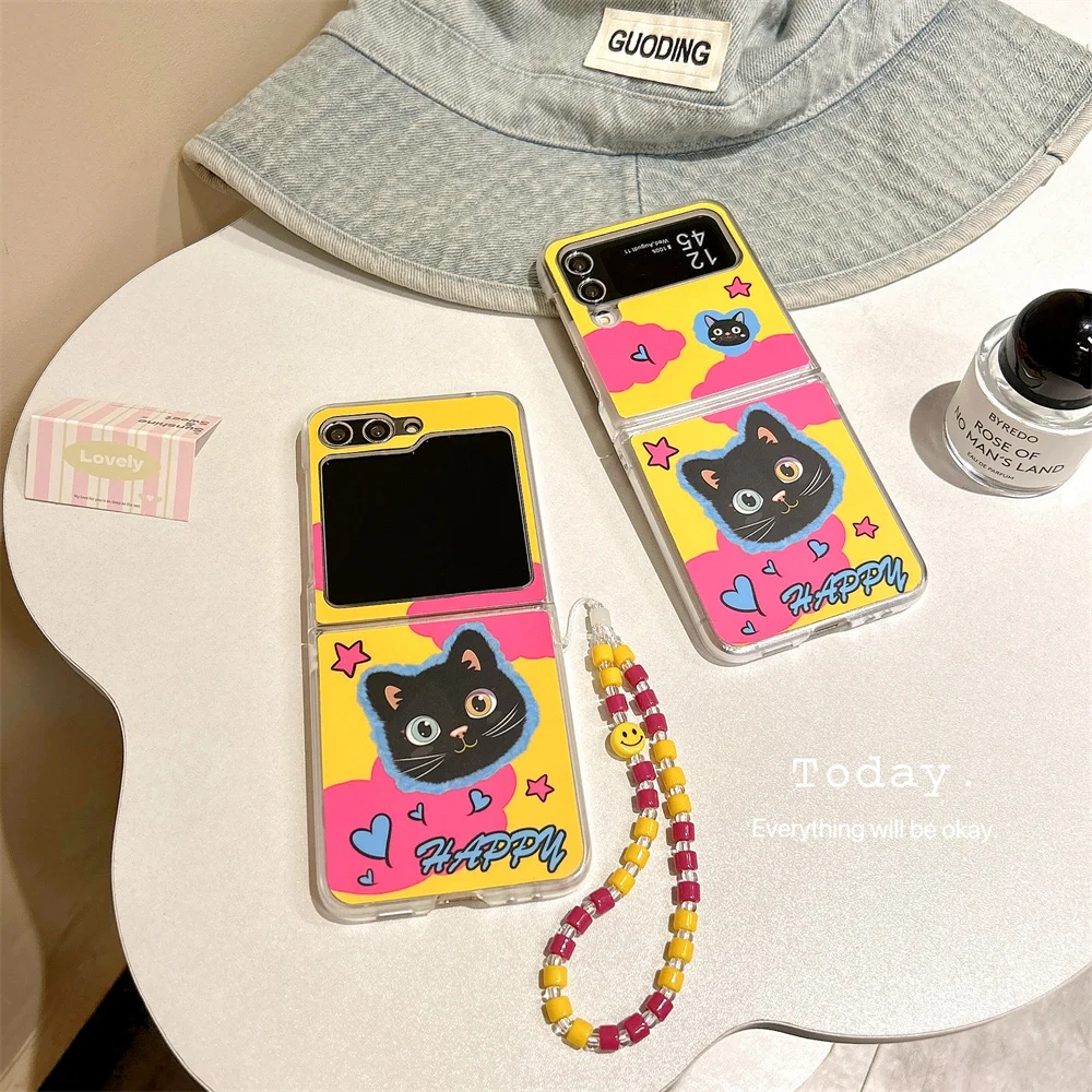 Caso de telefone com corrente para Samsung Galaxy Z Flip, linda pulseira gato dos desenhos animados, capa dobrável, contraste cor, Flip 4, Flip 3, 5, linda