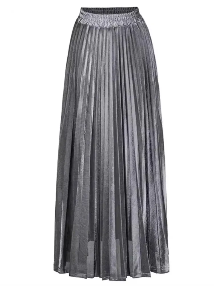 

2024 Summer Gold Pleated Elastic Waist Maxi Skirt Charming Silver Large Hem Pleated Long Skirts Autumn Elegant Party Skirt Robe