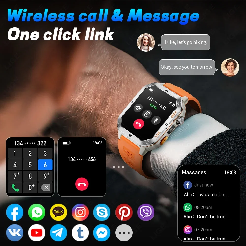 Military Smart Watch Men 1000mAh Large Battery LED Flashlight Watch 2.01-inch HD Screen Heart Rate Waterproof BT Call Smartwatch