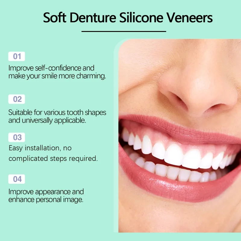 Impiallacciature in silicone per protesi morbidi Cura perfetta del riso Kit per protesi morbida Granuli di riparazione Lacune dei denti Set di denti finti di fascia alta facile da usare