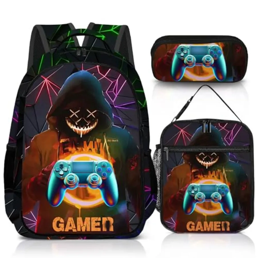 

Game Backpack Set for Boys Gaming Backpack 3 Pack Boys Lunch Box and Pencil Bag for 17