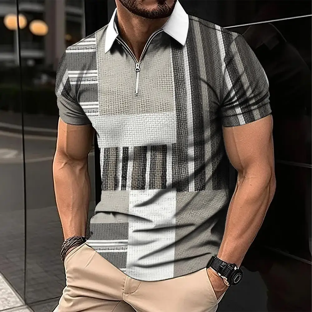 New Men's Zip Polo Shirt 3D Stripe Print Fashion Clothing Summer Casual T-Shirt Mens Polo Shirt Loose Short Sleeve Street Tops