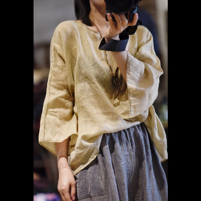 

Women Vintage Ramie Loose Shirts V-Neck Nine Quarter White Black Loose Top 2025 Summer Autumn New Handmade Female Shirts Camisas