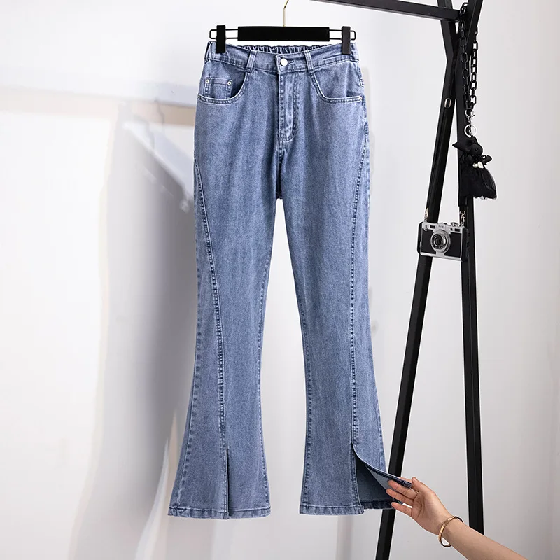 

Big Size Women Clothing 2XL-7XL Oversized Women 100/150 Kg Pants High Waist Slim Relaxed Show Thin Flare Jeans with Front Splits