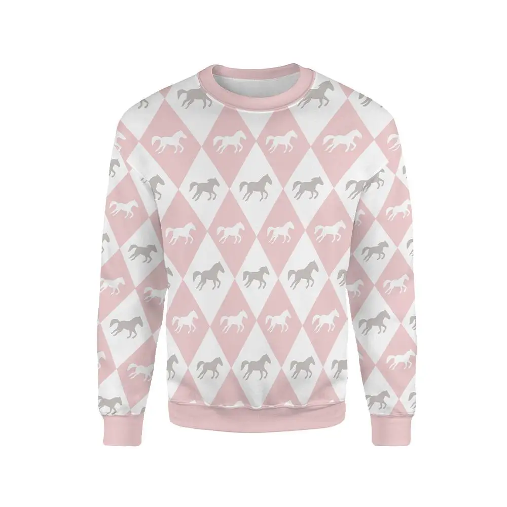 Vintage Funny Harlequin Horse Print Sweatshirt Men Women Harajuku Argyle Pattern Casual Round Neck Long Sleeve Loose Pullover