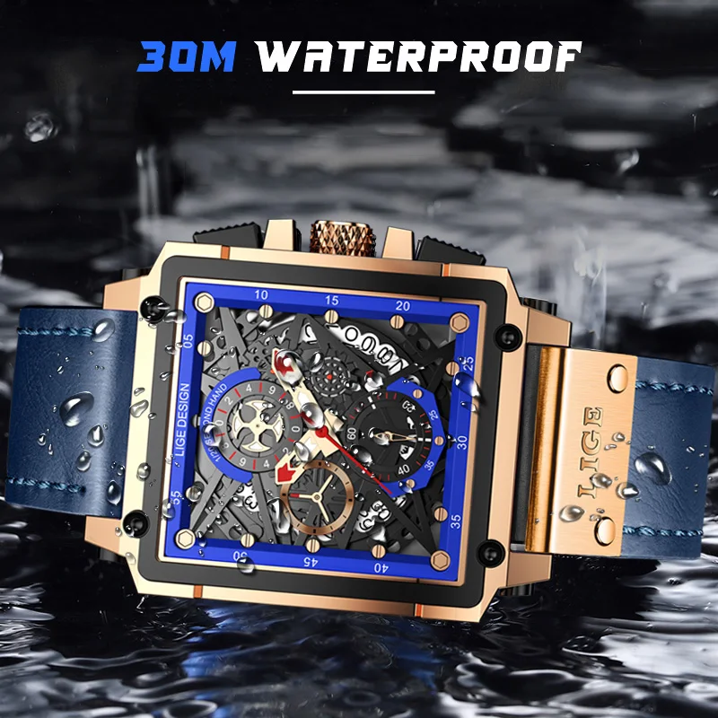 2024 New LIGE Men Watches Top Brand Luxury Hollow Square Sport Watch For Men Fashion Leather Strap Waterproof Quartz WristWatch