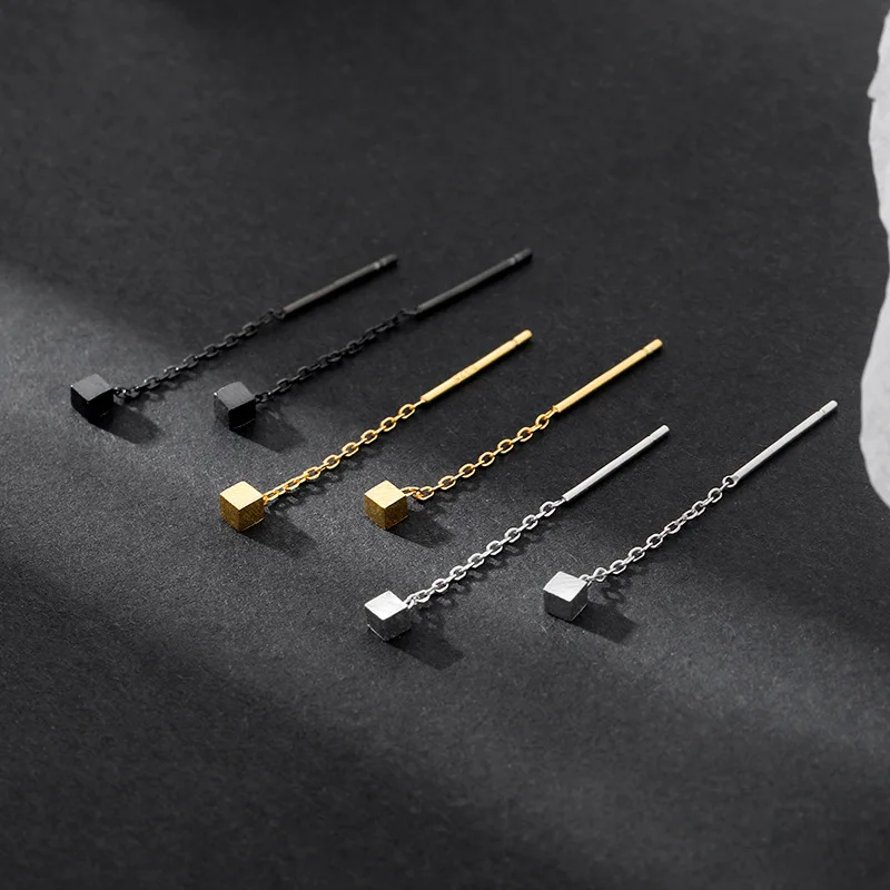 Compact Black Tassel Geometric Earrings Long Female Student Temperament Brushed Small Square Earrings Free Shipping