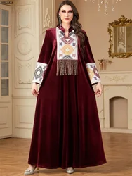 Siskakia Ramadan Muslim Notched Stand Collar Tassel Long Dresses For Women  Loose Elegant Kebaya Patchwork Sleeve Abayas