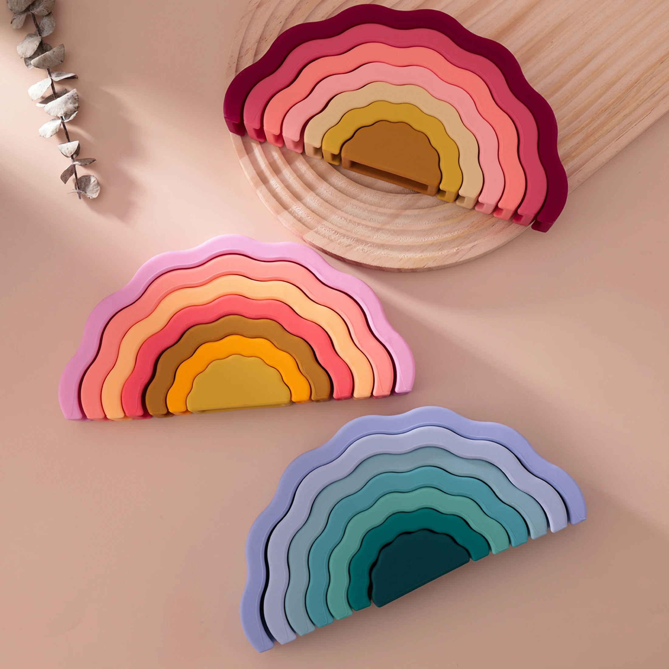 

1Set Wavy Rainbow Stacking Toy BPA Free Silicone Teether Toy Baby Sensory Montessori Learning Toy For Kids 0-3 Years Baby Stuff