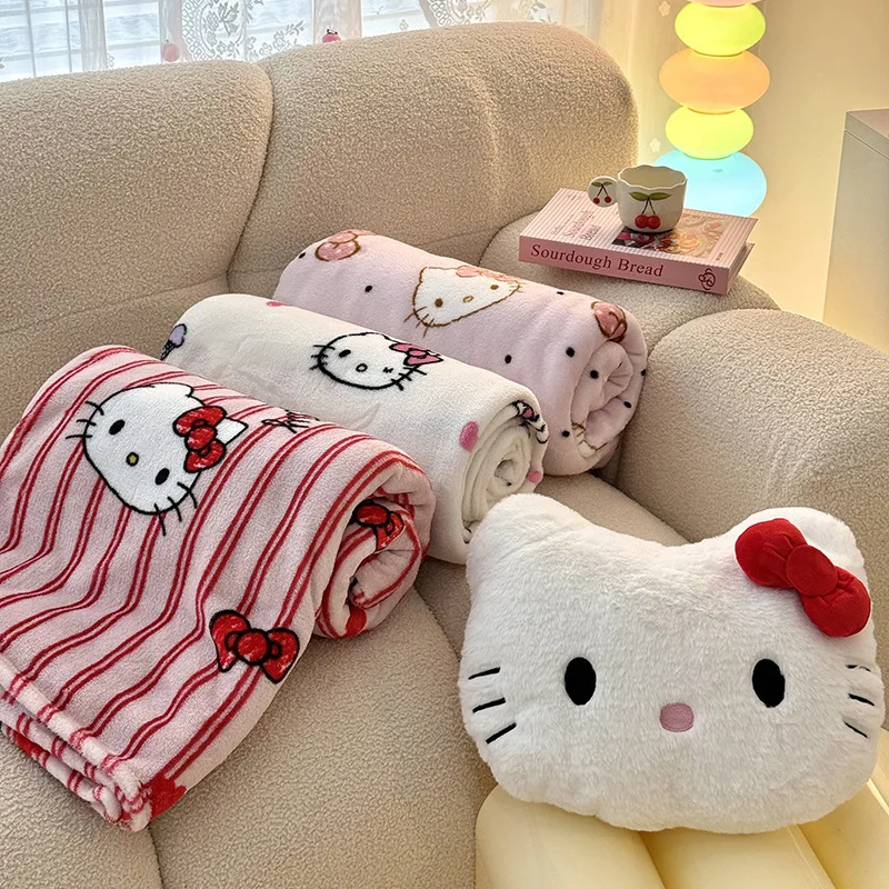 Cartoon Kt Cat Double-Sided Milk Velvet Blanket Cute Hello Kitty Travel Shawl Blanket Office Nap Sofa Warm Velvet Blanket Gifts