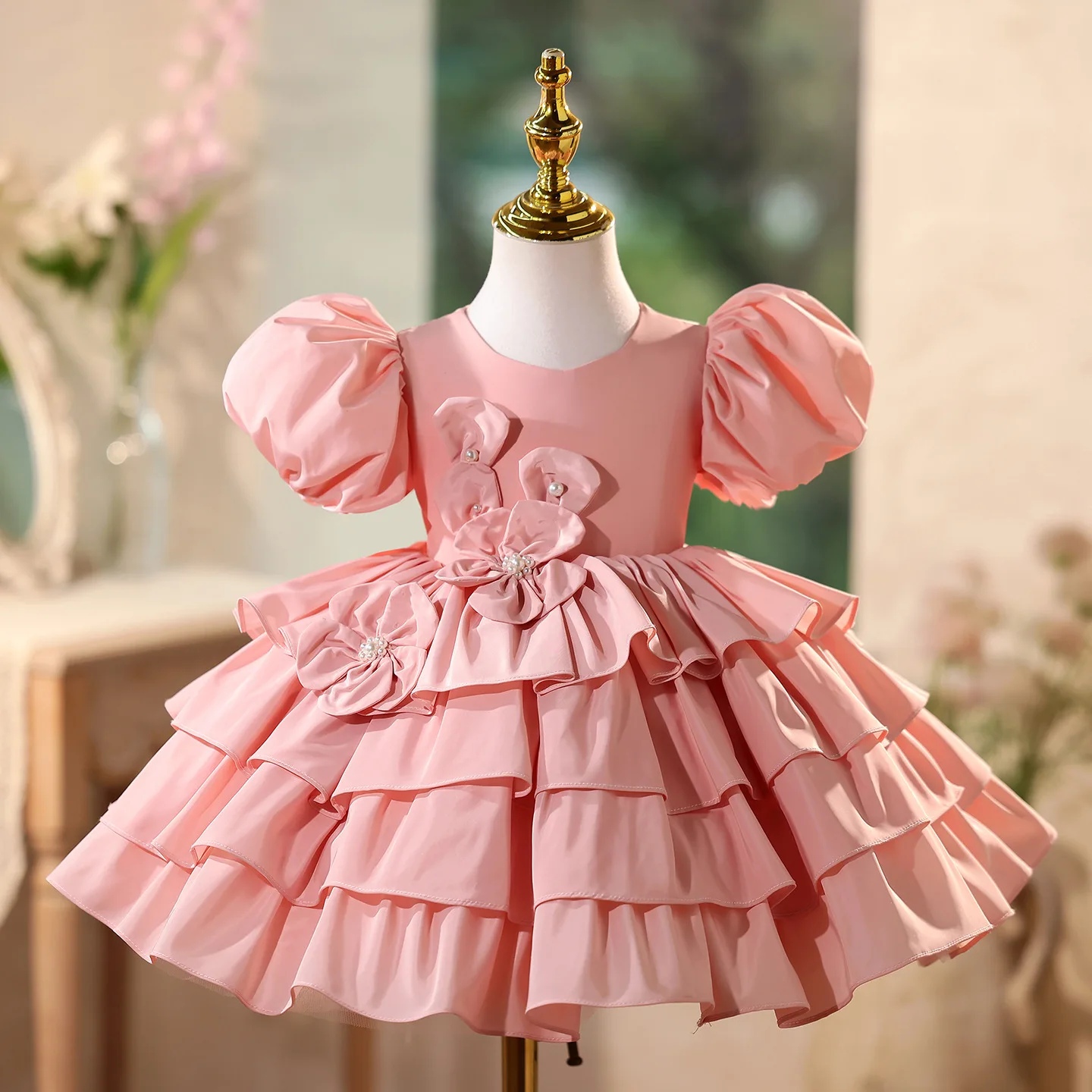 Children Cute Pink Birthday Baptism Princess Ball Gown Girls Fashion Wedding Piano Performance Dress g451