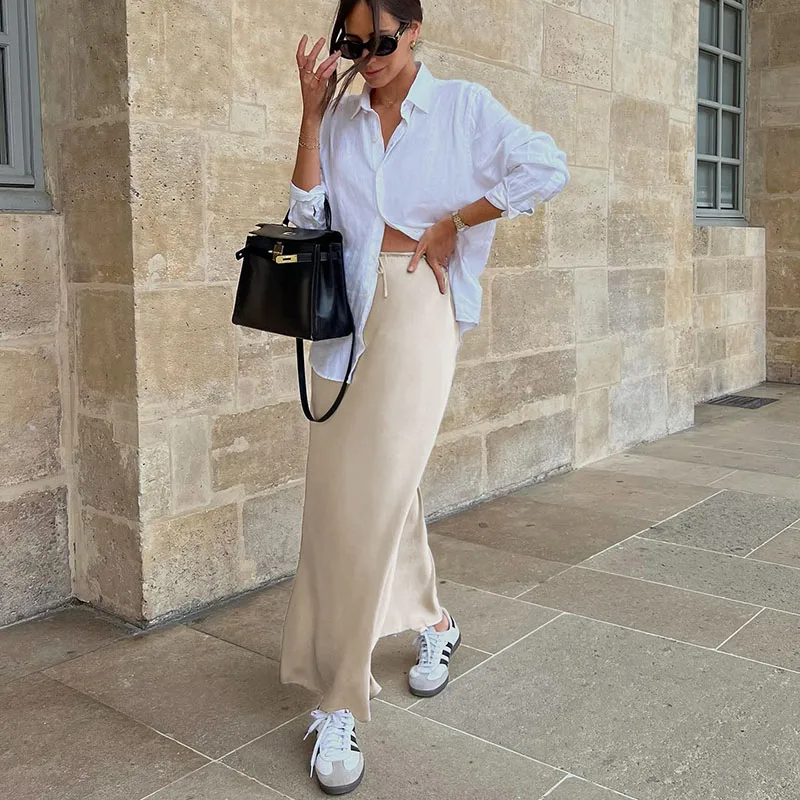 Femmes jupes en Satin élégant taille haute jupes longues pour les femmes couleur unie jupes mi-longues bureau dame haute rue jupes femmes vêtements