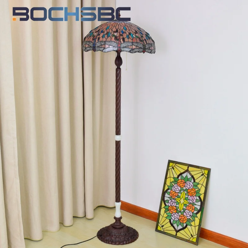 BOCHSBC Tiffany Garden style glass 20-inch floor lamp Deco Living Room Dining Room Bedroom Dragonfly jade Gift tripod lamp