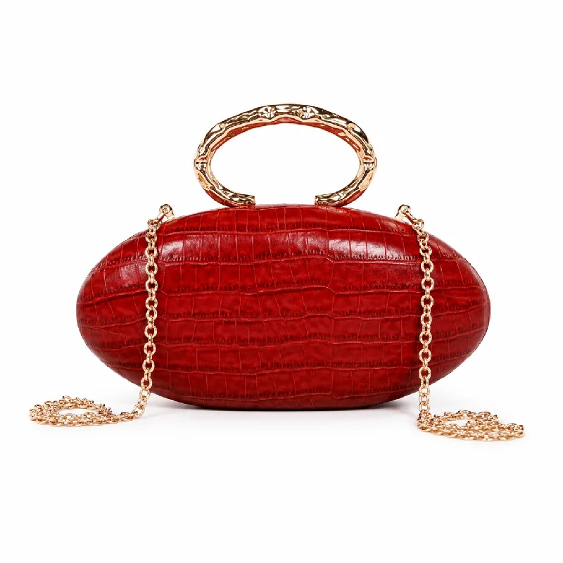 Faux Leather Croc Embossed Clutch Evening Bag For Women, Chain Shoulder Purse, Oval Shaped Hard Shell Handbag For Wedding Party