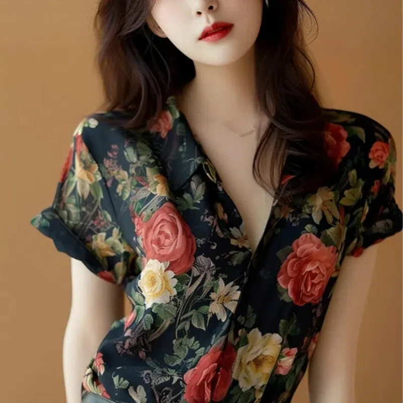 

Hong Kong Winds Classic Vintage Printed Summer New Short Sleeve Shirt 2024 Sexy V-Neck Stylish Contrast Color Commute Top Female