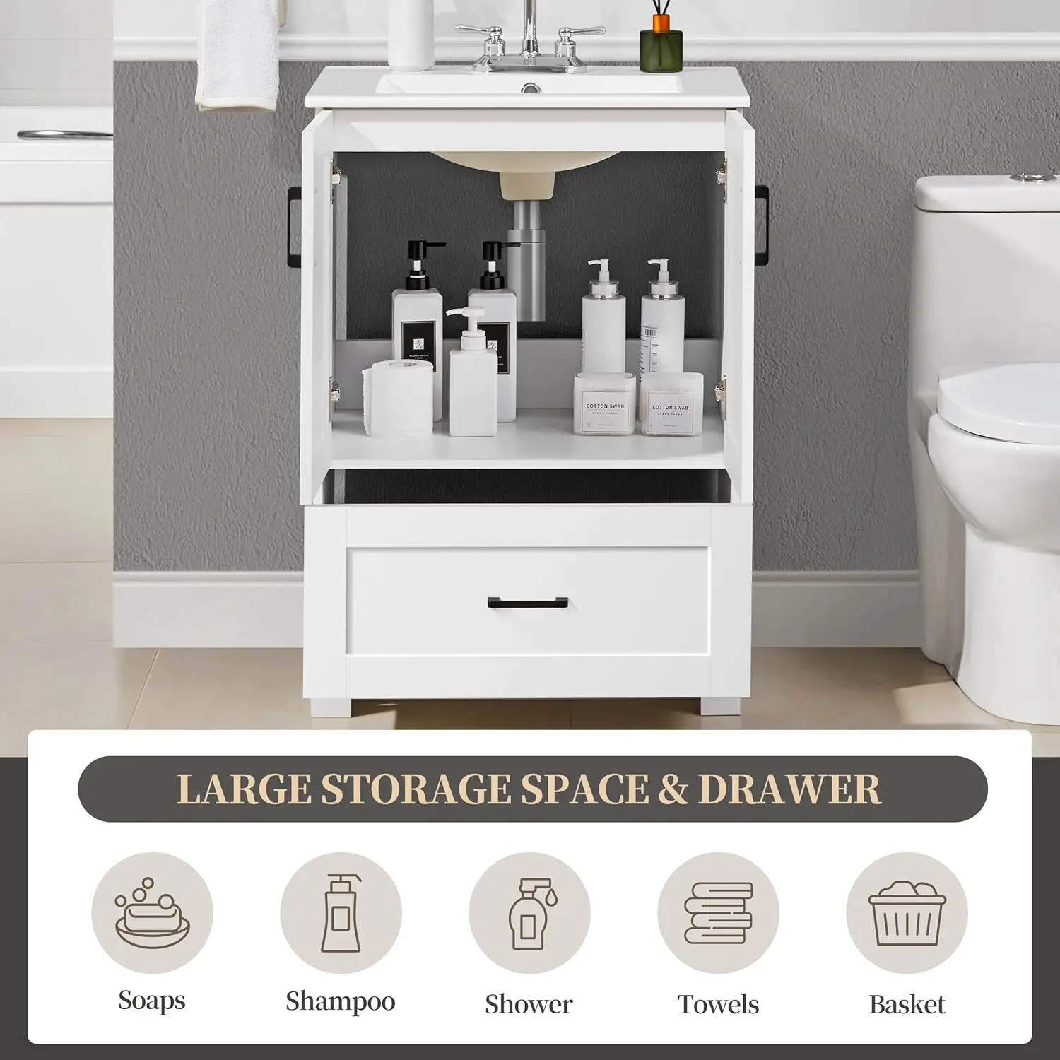

24.5" Modern Bathroom Vanity Ceramic Basin Undermount Sink Cabinet 2 Doors 1 Drawer Free Standing Storage Cabinet Sink White