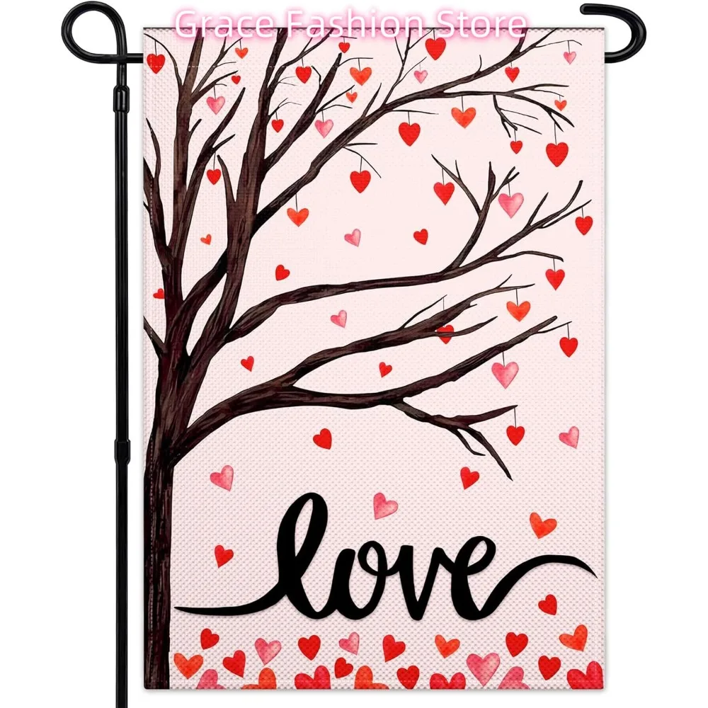 

Valentines Garden Flags for Outside 12x18 Double Sided Love Heart Tree Flag 3 Ply Pink Vintage Heart Flag for Outdoor House Anni