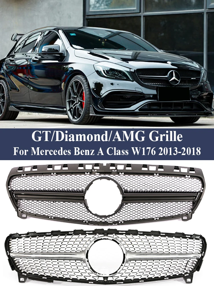 For Mercedes Benz A Class W176 GT Diamond AMG Style Silver Grille Front Bumper A35 A45 A180 A200 A250 A260 2013-2018 Camera Hole