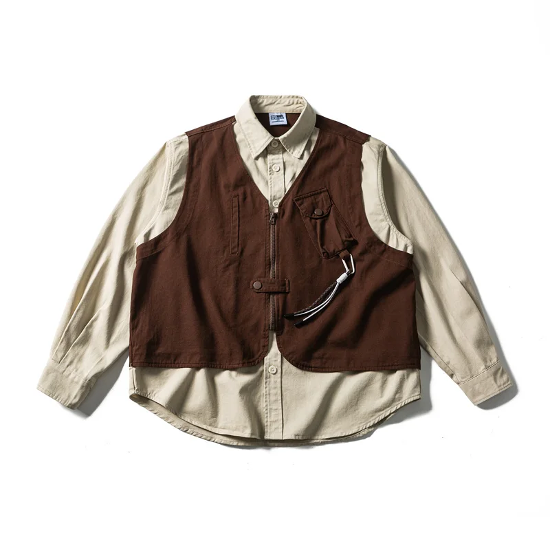 Men Splice Vest Washed Cotton Streetwear Fashion Loose Casual Long Sleeve Cargo Shirts Cityboy Oversize Shirt Blouses