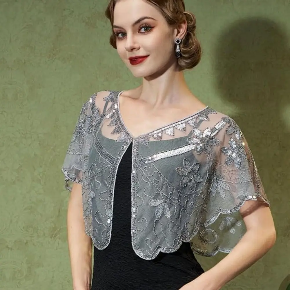 

Retro Sequins Poncho Coat Bling Bling Embroidery Sequins Tassel Shawls Short Cape Blingbling Sequins Flapper Shawl