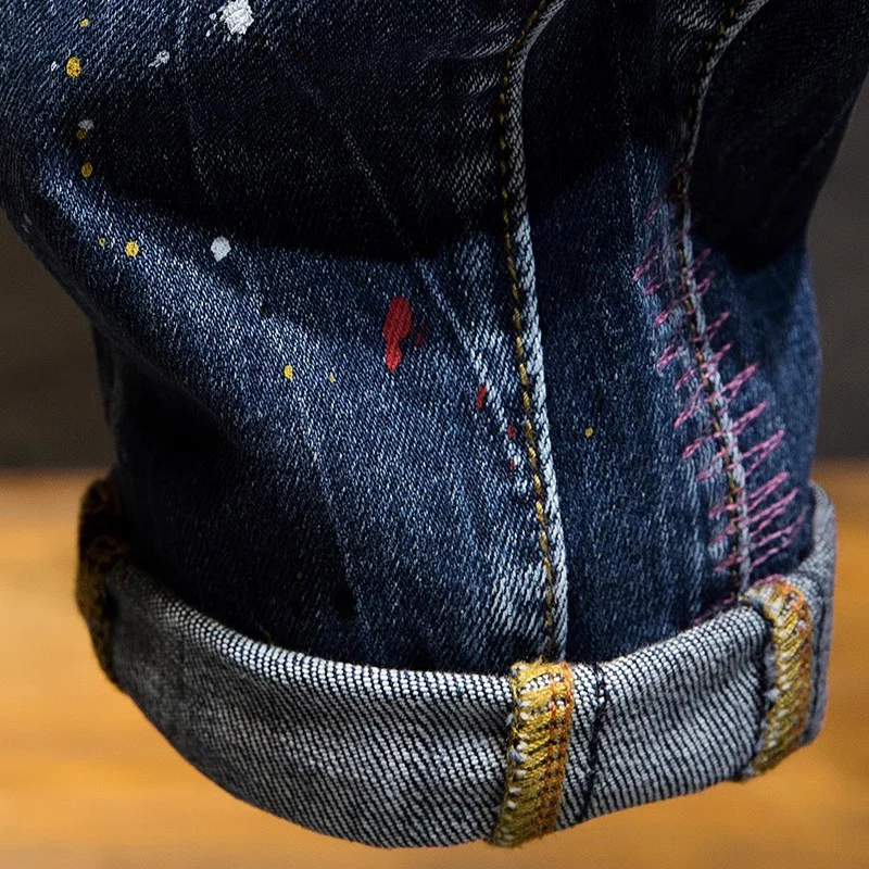 High Street Fashion Men Jeans Retro Blue Stretch Slim Fit Painted Ripped Jeans Men Spliced Designer Hip Hop Vintage Denim Pants