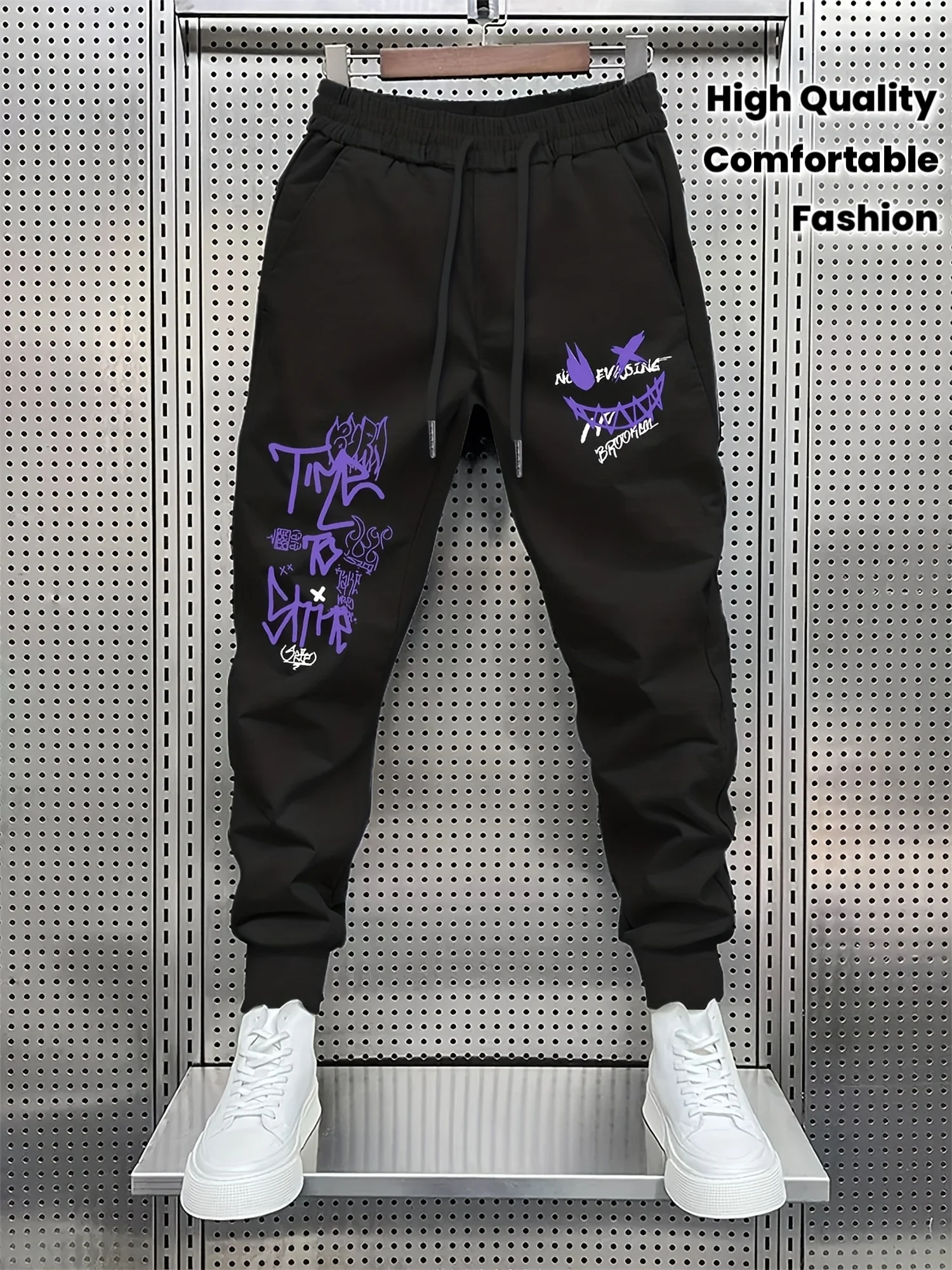Punk street‑wear messy graffiti letter sharp demon visage artwork printed sweatpants men hip hop sports casual jogger pants