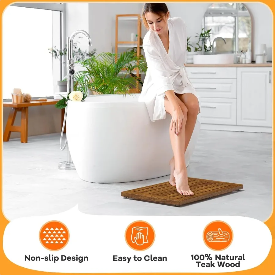Teak Shower Mat 21"x14" Wood Bath Mat NonSlip Bathroom Mat Teak Bath Mats for Bathroom Wooden Floor Mat Bathroom Mat for Inside